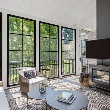 Whitewashed Fireplace, Electric Fireplace, Shiplap Ceiling