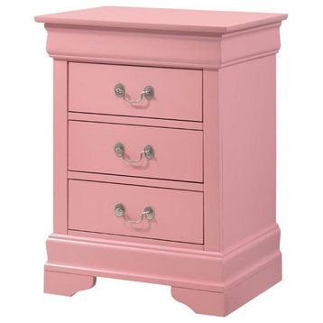 Maklaine Traditional Engineered Wood 3 Drawer Nightstand in Pink