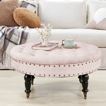 Textured Velvet Round Coffee Table, Softpink, 34''x34''x17''