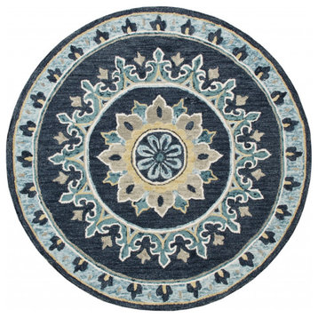 7' Round Blue Floral Medallion Area Rug