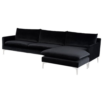 Anders Reversible Sectional, Black Velour Seat/Brushed Stainless Legs