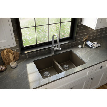 Karran 32" Undermount Double Bowl 50/50 Quartz Kitchen Sink Kit, Brown