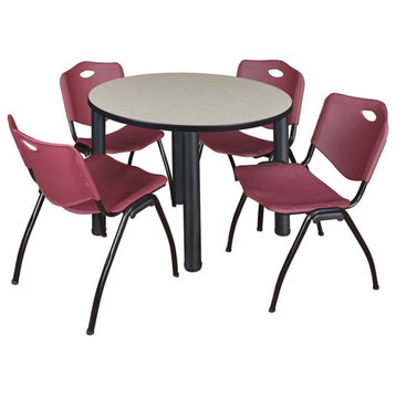 Kee 36" Round Breakroom Table, Maple/Black and 4 "M" Stack Chairs, Burgundy