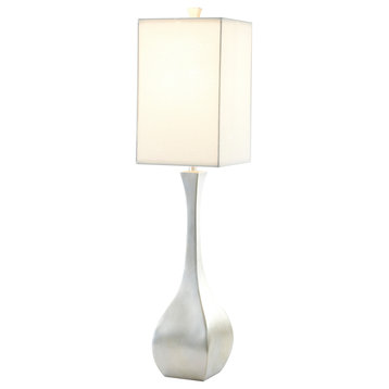 Silver Foiled Framed Table Lamp With White Linen Drum Shade