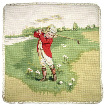 Finest Pettipoint Boy In Red Golf With Cording Pillow, 14"x14"