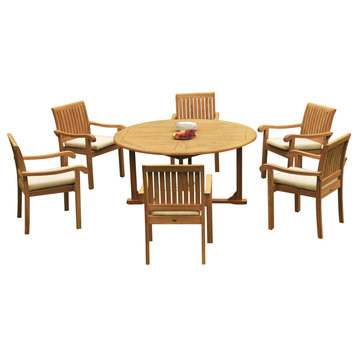 7-Piece Outdoor Patio Teak Dining Set, 60" Round Table & 6 Nain Stacking Chairs