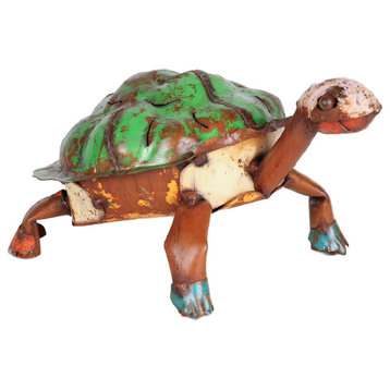 Recycled Handmade Metal Garden Turtle, Green & Brown, Small