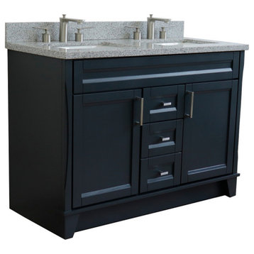 48" Double Sink Vanity, Dark Gray Finish With Gray Granite And Rectangle Sink