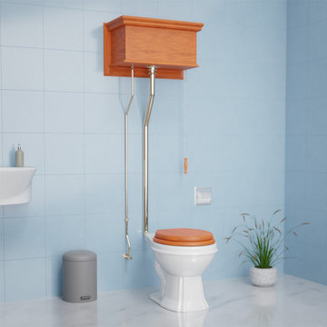 Wooden High Tank Pull Chain Toilet Light Oak Design with Elongated Ceramic Bowl