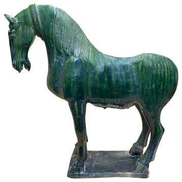 Chinese Distressed Zucchini Green Glazed Ceramic Horse Figure Hws2729