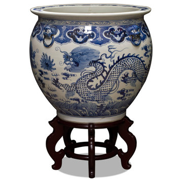 19" Blue and White Porcelain Imperial Dragon Chinese Fishbowl Planter, With Stand