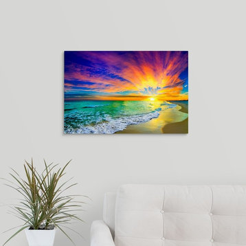 Colorful Ocean Sunset Orange And Red Beach Sunset Wrapped Canvas Art Print