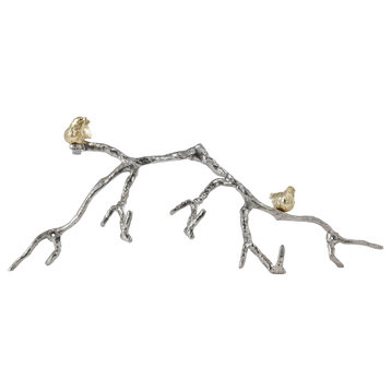 Decorative Wall Hook Branch Shaped With Birds Apogee, Silver And Gold