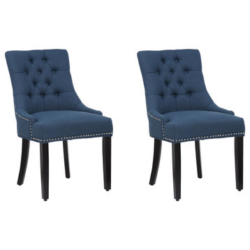 Set of 2 Dining Chair, Button Tufted Wingback Design With Nailhead, Blue