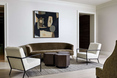 Imagen de salón para visitas cerrado minimalista de tamaño medio sin chimenea y televisor con paredes blancas y suelo de madera clara