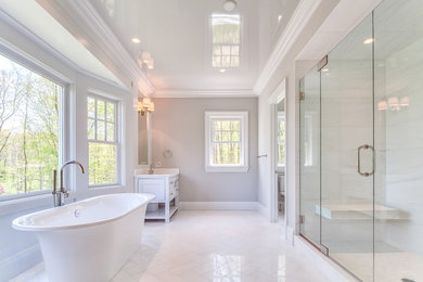 Large transitional master white floor bathroom photo in Other with white cabinets, an undermount sink, flat-panel cabinets, white walls and a hinged shower door