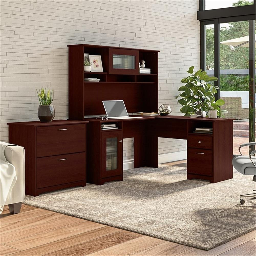 Cabot 60W L Desk with Hutch and Lateral File Cabinet in White ...