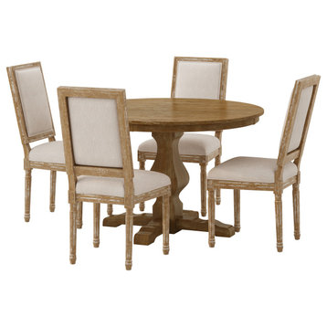Merlene French Country Fabric Upholstered Wood 5-Piece Circular Dining Set, Natural/Beige