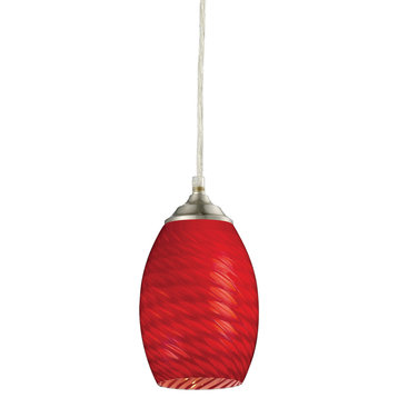 Jazz 1 Light Mini Pendant, Brushed Nickel With Red Glass