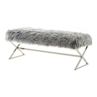 Posh Living Brayden Faux Fur Fabric Upholstered Bench with Acrylic X-Legs  Cream