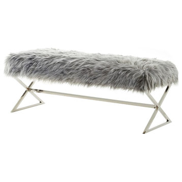 Posh Colin Fur Fabric Upholstered Bench with Stainless Steel Legs - Gray/Chrome