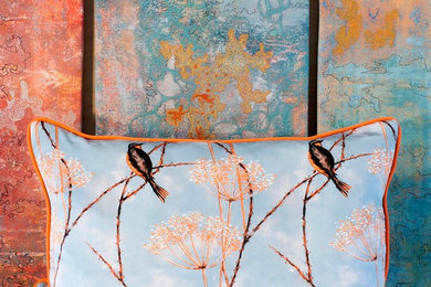 Little Finches design in Tangerine pure silk cushion