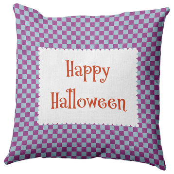 Happy Halloween Checks Indoor/Outdoor Throw Pillow, Orchid, 20"x20"