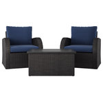 CorLiving Distribution LLC - Corliving Wicker 3 Pc Patio Set with Table and 2 Patio Chairs, Charcoal and Blue - Transform your outdoor living space into a luxurious sitting area with the Outdoor Wicker Patio Table and Chairs set. You'll enjoy the sleek design and quality features of this patio table set, which are perfect for your outdoor space, big or small. This patio furniture set includes comfortable patio chairs set of 2, made with a stylish distressed UV-resistant wicker design, each with plush and generously padded weather-resistant cushions. The galvanized steel frame of this small patio set provides stability for long-lasting use and is rust-resistant. The coffee table is engineered to withstand the elements and features a durable and lightweight aluminum tabletop. And, with this set being part of the Brisbane Collection, you can customize your outdoor space by mixing and matching this set with the other outdoor furniture set. Experience the perfect blend of style, quality, and comfort with the Outdoor Wicker Table and Chairs set, making it the ideal upgrade for your outdoor living space.