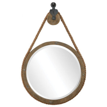 Farmhouse Rustic Round Mirror in Aged Natural Wood Antique-Inspired Pulley to