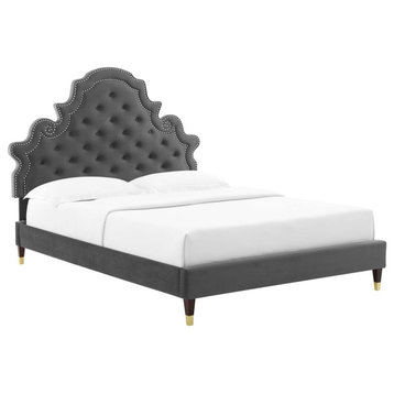 Gwyneth Tufted Performance Velvet Queen Platform Bed, Charcoal