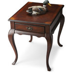 Butler Specialty Company - Grace 1-Drawer End Table, Dark Brown - Selected solid woods, wood products and choice veneers.  Features a matched cherry veneer top with maple and walnut veneer linen fold inlaid designs at each corner. Drawer with antique brass finished hardware.