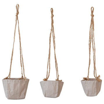 Round Jute and Cotton Hanging Planters, Natural, Set of 3