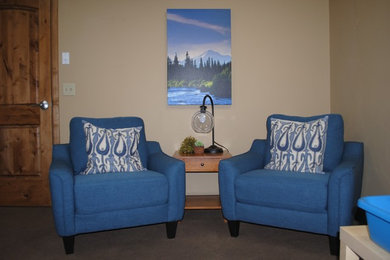 Example of a mid-sized transitional carpeted and gray floor kids' room design in Other with beige walls