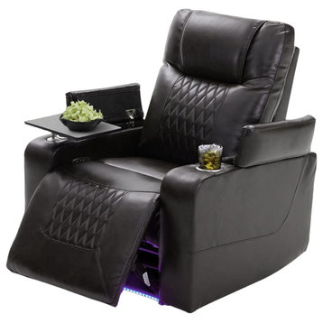 Modern Electric Power Recliner, Swiveling Tray Table & 2 Cup Holders, Black