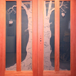Mahogany Exterior Double Door with Custom Etched Glass - Products