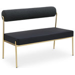Meridian Furniture - Carly Vegan Leather Upholstered Vegan Leather Bench, Black - Transform your dining area with this Carly black vegan leather seat/boucle fabric back bench. Its black vegan leather seat provides you with a soft place to sit, while its rich black boucle back amps up the comfort level an extra notch. Its brushed brass iron frame ensures stability and durability, so you can enjoy this bench for years to come. This bench is perfect for any home featuring a contemporary design.