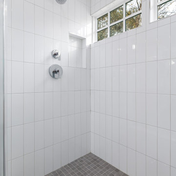 Master Bathroom with Bamboo Cabinet and Penny Tiles