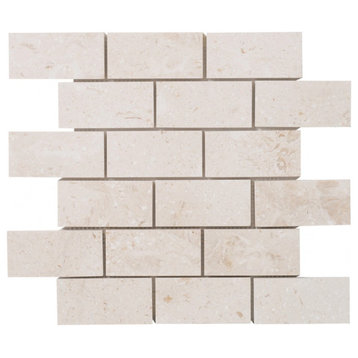 Shell Stone Limestone 2"x4" Brick Honed on 12"x12" Mosaic Tile (10 sqft per box)