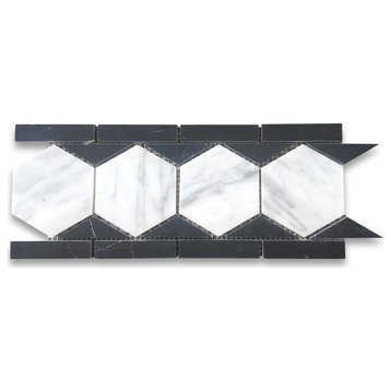 Carrara White Marble 3 Hexagon Listello Mosaic Border Tile Black Honed, 1 sheet