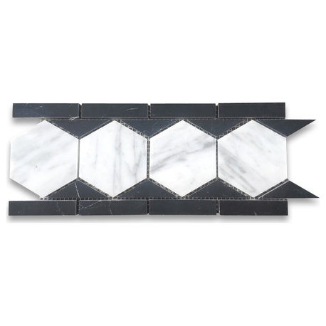 Carrara White Marble 3 Hexagon Listello Mosaic Border Tile Black Honed, 1 sheet
