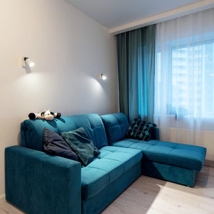 Immagine di un piccolo soggiorno design chiuso con pareti bianche e pavimento in laminato