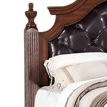 Benzara BM168584 Wooden Queen Bed With Floral Design, Cherry Finish