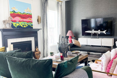 Inspiration for a large transitional open concept dark wood floor and wallpaper family room remodel in Boston with white walls, a standard fireplace and a tile fireplace
