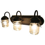 The Lamp Goods - Bathroom Vanity Bar Trio Light Fixture of Pint Mason Jars, Oil Rubbed Bronze - The beautiful glow of the light through a trio of vintage clear pint canning jar from days gone by is wonderful. This sconce is so fun with its original bail wires and the raised designs. Each jar carries its own history and can vary in 'age' marks, brand, graphics and more.