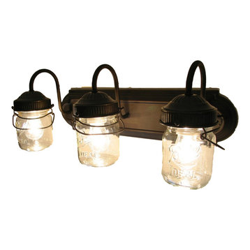 Bathroom Vanity Bar Trio Light Fixture of Pint Mason Jars, Oil Rubbed Bronze