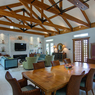 タンパの広いコンテンポラリースタイルのLDKの画像 (磁器タイルの床、石材の暖炉まわり、白い壁)