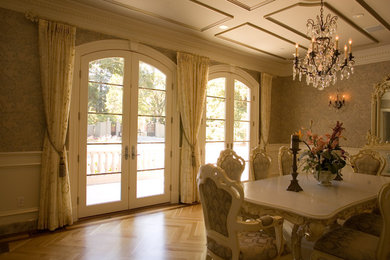 Inspiration for a large timeless light wood floor and brown floor kitchen/dining room combo remodel in San Francisco with brown walls and no fireplace