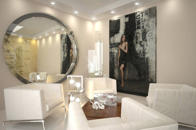 Example of a large trendy formal and open concept ceramic tile living room design in Miami with beige walls, a ribbon fireplace and a media wall