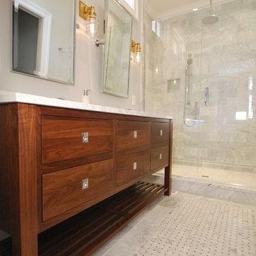 Carrara Marble Bath with Custom Walnut Open Vanity