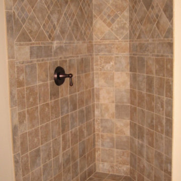 Corner tiled shower - Gaines job - five tile types - completed